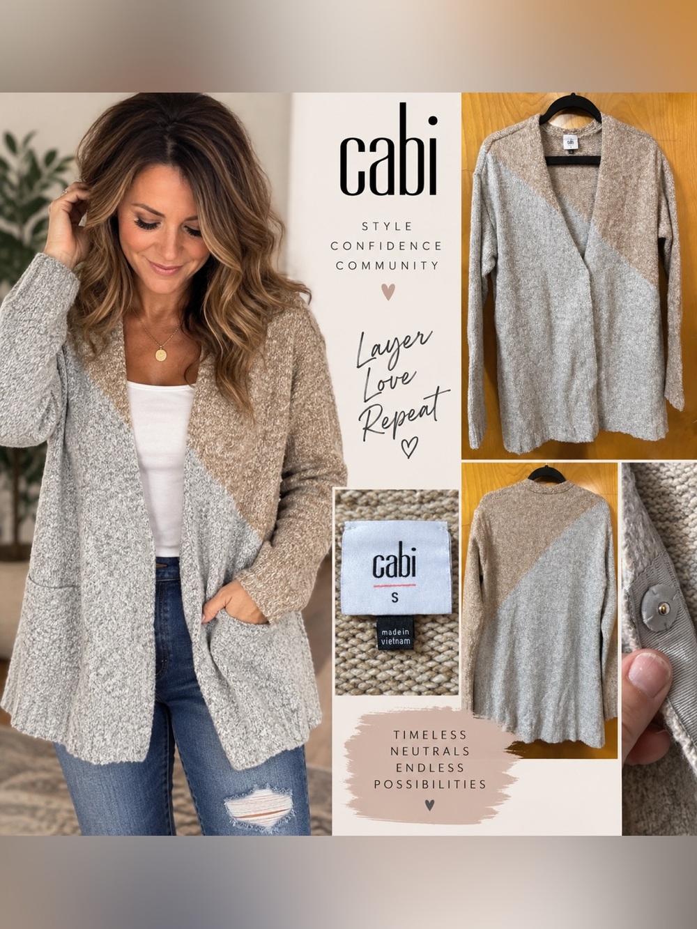 CAbi Color Block Knit Cardigan Sweater Size Small Taupe Gray Open Front